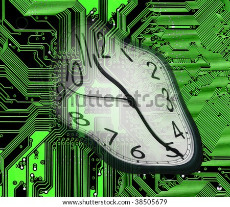 an image of melted clock on green computer circuitboard