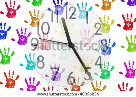 an image of a clock on handprint background