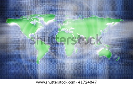 an image of flat world map on binary code background