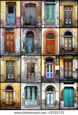 a detail shot of variety of old doors