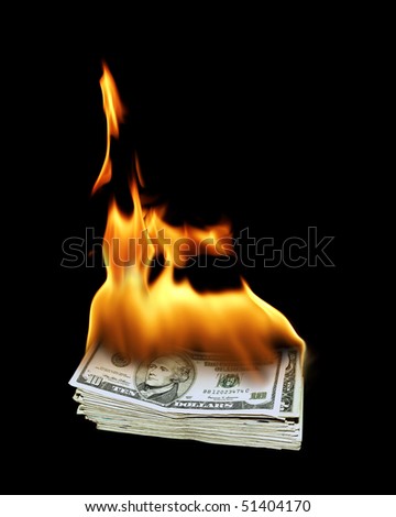 a pile of 10 dollar bills on fire