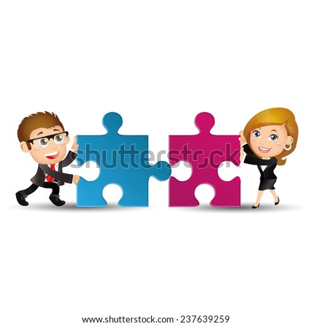 People Set - Business - Two business people are working together to put two puzzles in order to succeed