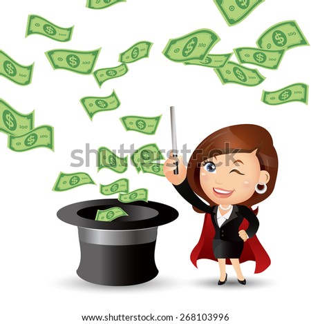 People Set - Business - Magician. Businesswoman with money from the hat