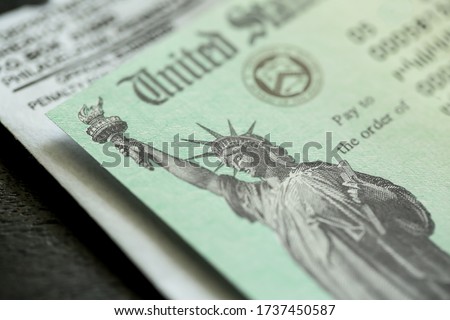 Extreme close-up of Federal coronavirus stimulus check provided to all Americans from the United States Treasury in 2020 and 2021, showing the statue of liberty. 