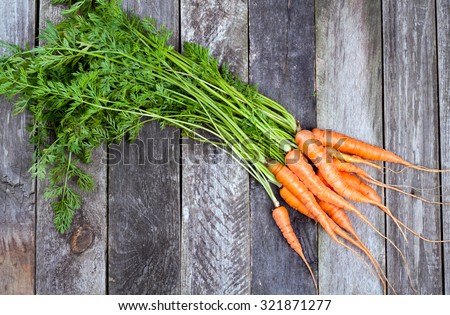 Fresh carrots on old wooden background. Rustic style