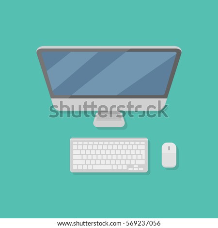 Desktop personal computer with monitor, keyboard and mouse isolated on background. Top view. Flat style icon. Vector illustration.