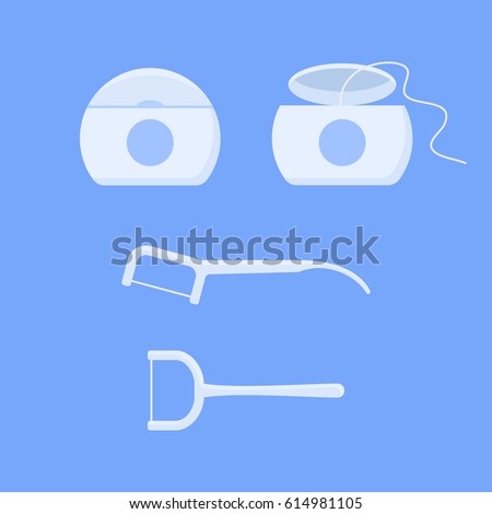 Set of dental floss and toothpick isolated on blue background. Flat style vector illustration. Foto stock © 