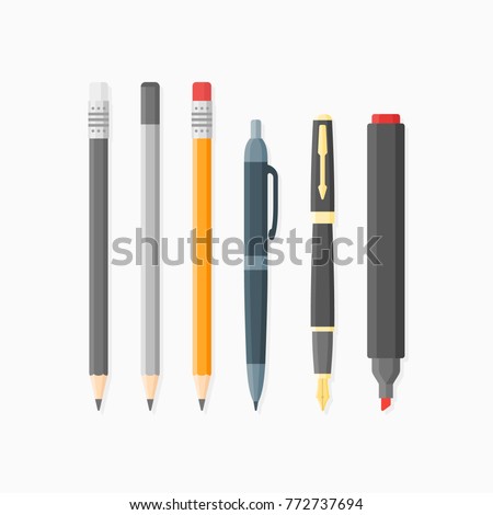 Set of writing and drawing items isolated on white background. Ballpoint pen, nib, pencils and marker. Flat style vector illustration.