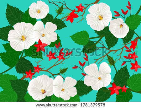Tropical flowers hibiscus orange red purple green leaves seamless pattern green background. Exotic fabric wallpaper illustration