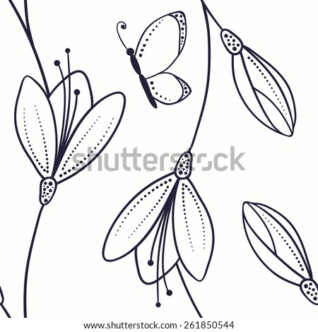 Abstract Seamless Pattern With Flowers And Butterfly In Sketch Style ...