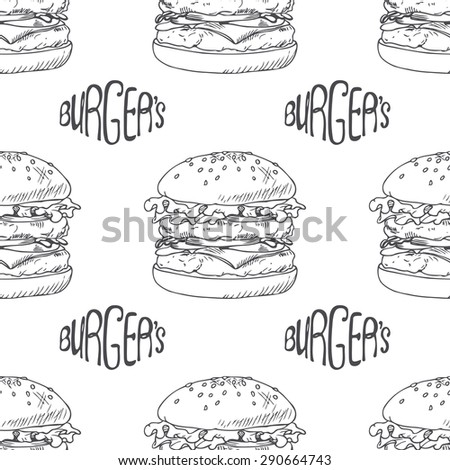 Seamless pattern with hand drawn burger, cheeseburger or hamburger. Wrapping paper template for fast food restaurant. Sketched background. Hand lettering. Vector illustration.