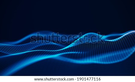 Futuristic hexagon perspective wave. White hexagons with blue highlights on a dark background. 3d rendering