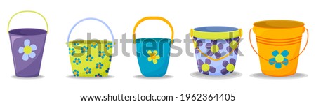 Set of colorful buckets isolated on white background