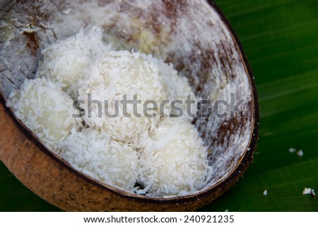 Thai Traditional Dessert, Stuffed Coconut Balls made from Sweet Sticky rice and coconut dumpling with caramelized coconut filling in coconut shell