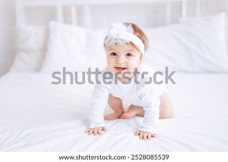 Similar – Image, Stock Photo beautiful baby girl laughing at home sitting on the sofa