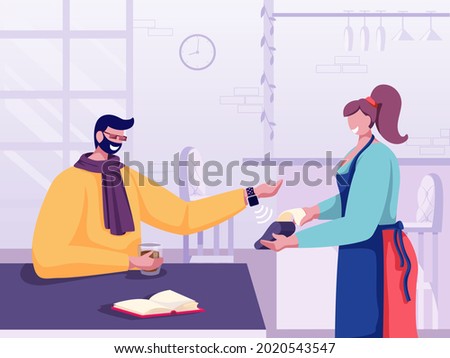 Customer paying the bill in the café using cashless technology. Payment through smartwatches with NFC. Paying contactless, wireless, digital banking. Cartoon vector illustration.