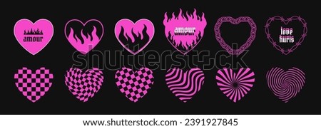 Retro pink heart symbols, stickers, decorative romantic elements in Y2K techno crazy aesthetics with flames, gothic text, chains chessboard and stripe textures. Vector illustration.