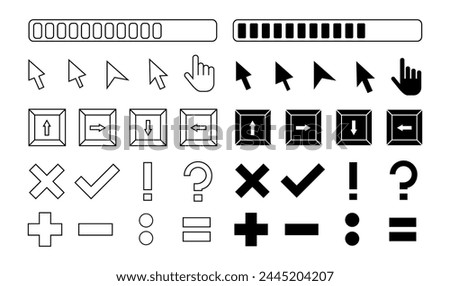 Retro pc buttons and interface elements, design graphics, stickers in outline and bold variants. Vector illustration.