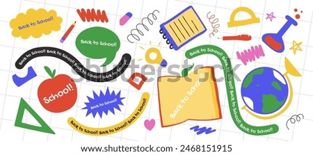 School doodles and drawings, back to school sticker set with school supplies, speech bubbles and abstract decorations, hand drawn design elements and decorations. Vector illustrations collection.