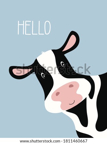 cartoon cute cow girl and inscription Hello, greeting card with charming pet on blue background, vector illustration