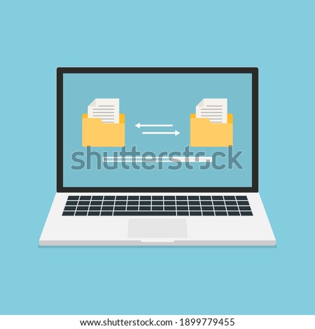 Laptop with folders on screen and transferred documents. Files transfer. Documents management. Copy files, data exchange, backup, uploading process, file sharing or sending documentsr.