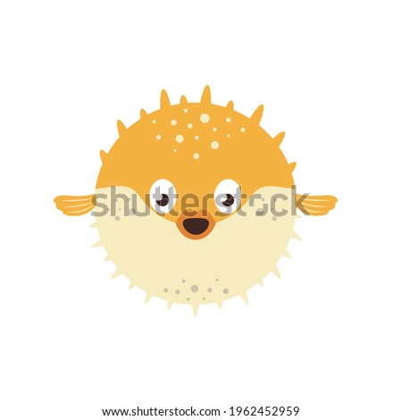 blow fish cartoon character isolated on white background, cute sea balloon fish, flat design with fugu