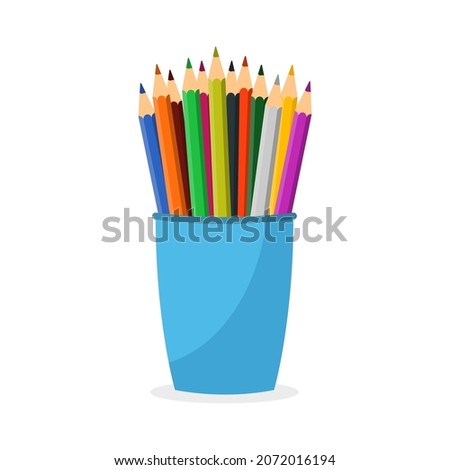 Plastic cup with a set of colored pencils isolated on white background. Vector illustration.