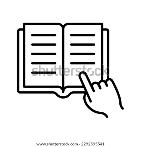 Book and pointing hand. Instruction manual icon. Open book pages with text. Read before use. Vector illustration.