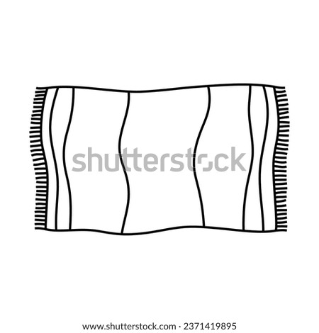 beach mat illustration, black and white image, cartoon beach towel in contour isolated on white, carpet with stripes, flat vector illustration