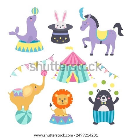 set of cute cartoon circus animals, acrobat elephant, horse with plume, jugglers seal and bear, rabbit and lion, flat vector illustration