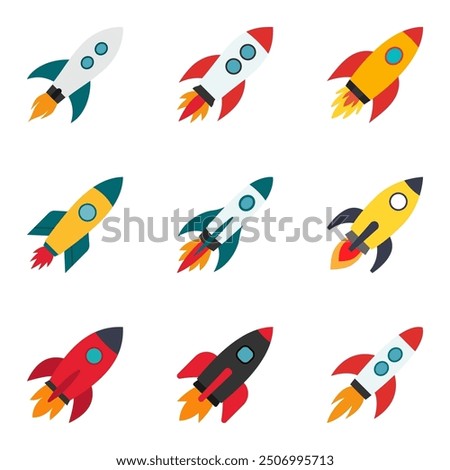 creative rocket spaceship, logo collection, flying rocket icon color set