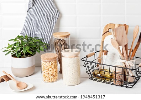 Similar – Image, Stock Photo Green pasta in plastic packing on dark kitchen table with kale and other ingredients. Top view