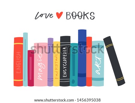 Cartoon reading set of hadrdrawn books. Vector illustration for reading lovers with open books, piles, colorful covers, in a stack, in a group, closed for web, library, store, study.