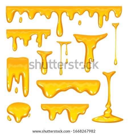 Colorful collection of delicious melted honey drops, sweet splash. Dripping honey set elements isolated on white background. Vector illustration for desserts or cafeteria menu, shop or bakery design