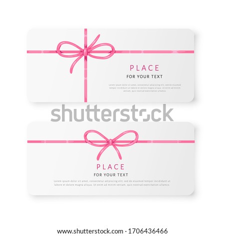 Decorative pink silk bows with blank cards on white background. For card design, celebration party items, gift packaging, tags, and luxury wrap pack, labels, template, mock up vector Illustration