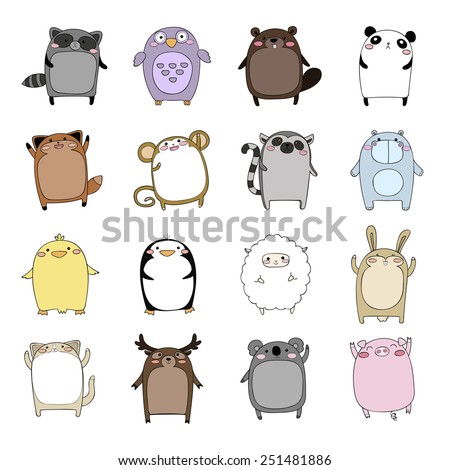 Big vector set of cute cartoon wild animals and pets isolated on white background. Funny african, wild, forest, farm and home animals in bright colors. Childish set for books, magazines and other.
