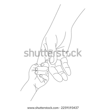 contour to the child holds the father by the finger in line art style, the concept of maternal Protection and Parental Care isolated on a white background, the mother holds the child's hand, tendernes