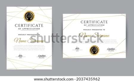 Golden color Certificate Award Design Template. A clean modern certificate with a gold badge. Certificate border template
with luxury and modern line pattern. Diploma Certificate vector template
