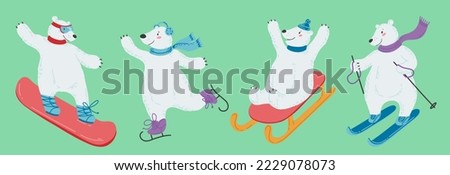 A set of white polar bears who are engaged in winter sports. Winter activities, skiing, sledding, skating and snowboarding. Baby vector illustration in cute flat style.