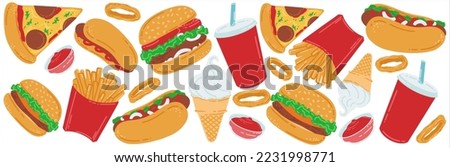 Fast food set. Hamburger, french fries, pizza, hot dog, ice cream and drink in a paper cup. American street food in flat style. Vector illustration of a fast food cafe.