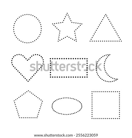 Set of tracing shapes, circle, star, heart, rectangle, moon, oval, pentagon, triangle, square shape, vector illustrations