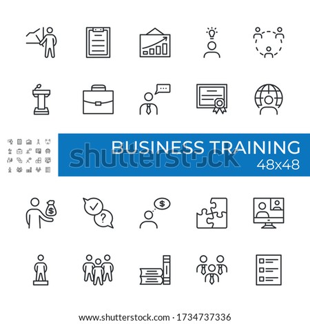 Set of icons related to the Business training topics. Includes icons for communication, business  education, personal development ,coaching, training, team work, brainstorming. Size 48×48 pixel.