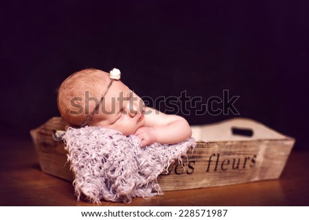 Portrait of a month old newborn baby sleeping in a vintage wooden crate