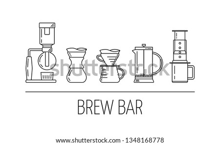 Brew bar. Set of vector black linear icons about coffee brewing methods. Siphon, pour over, french press, aeropress. Flat design. Vector illustration