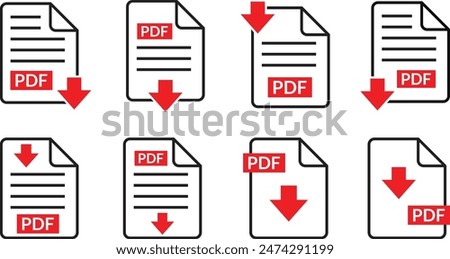 pdf file download symbols set, pdf document text, web format information, pdf file download icon set vector illustration.