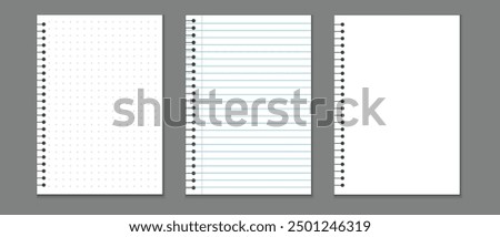 paper notebook, blank paper note book, notebook sheet, notebook page template, line notepad pages, dot graph notepad page vector illustration.