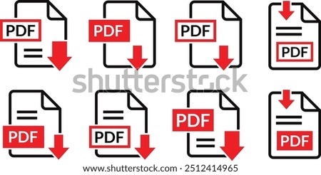 pdf file download symbols set, pdf document text, web format information, images, vector images, pdf file download icon set vector illustration.