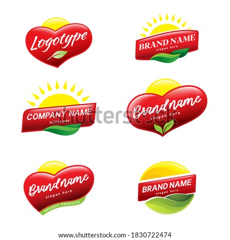 Vector set solar logos design template ideal for agriculture, organic food, grocery, natural harvest, baby food, cookies, cereals.