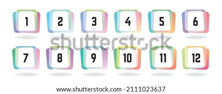 Number bullet points 1 to 12. Trendy square shapes. Modern colorful markers.