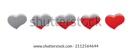 Set of vector hearts. Filling the heart with love. Winning red hearts for games. Badges, icons for winning poker, roulette, blackjack, lottery. Full, half, one fifth, one third 